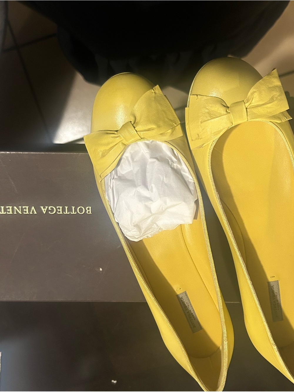 Bottega Veneta Lemon Yellow Leather Bow Flats